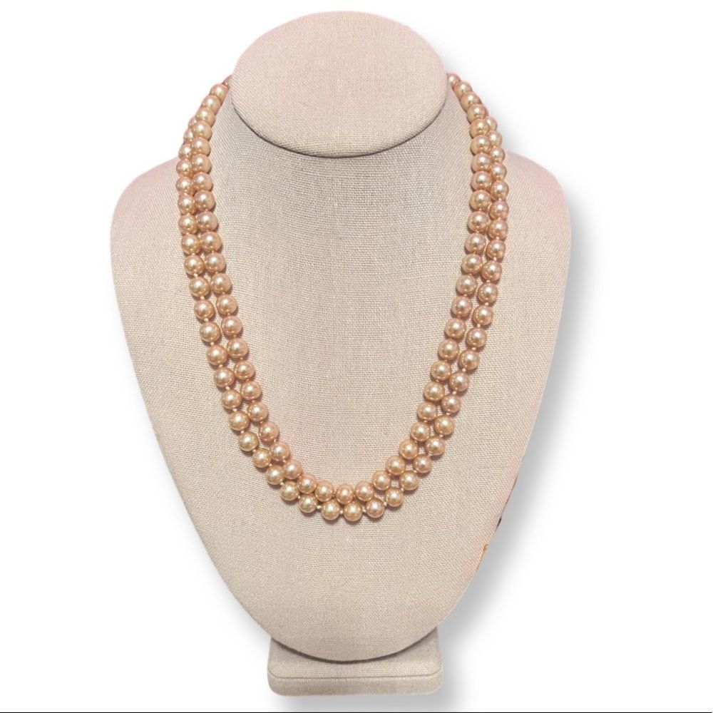 Vintage Double Strand Faux Pearl Necklace With CZ And Pearl Clasp
